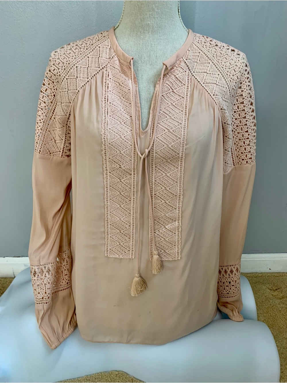 Ramy Brook blush pink silk blouse with tassels